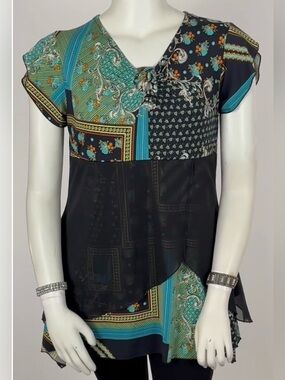 INITIATIVES Stretchy Tunic Length Short Sleeve Asymmetrical Top. See Video